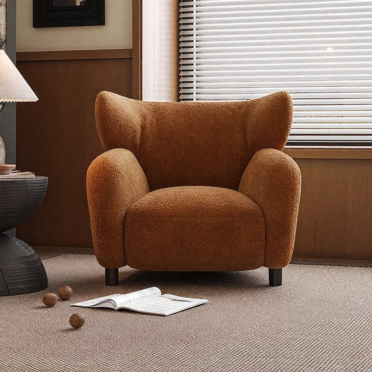 Modern Apricot Chenille Fabric Wingback Accent Chair with Arms Image - 4