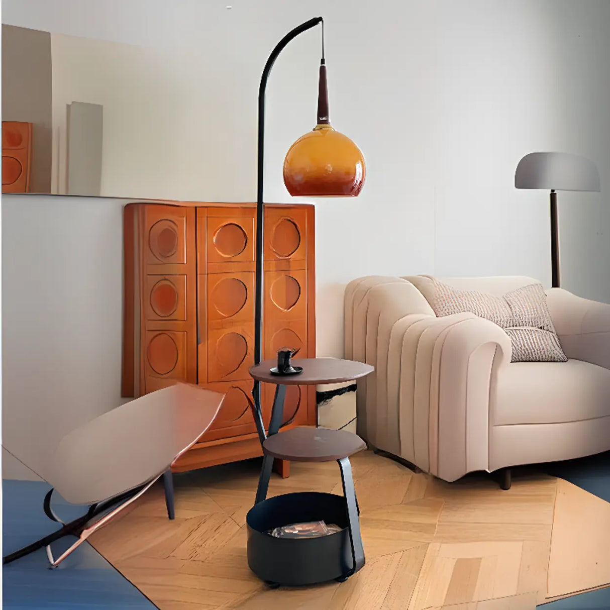 Modern Arc Alloy Floor Lamp with Glass Shade and Shelves Walnut 20 Inch+ Living Room Lighting 1 Bulb Image - 4