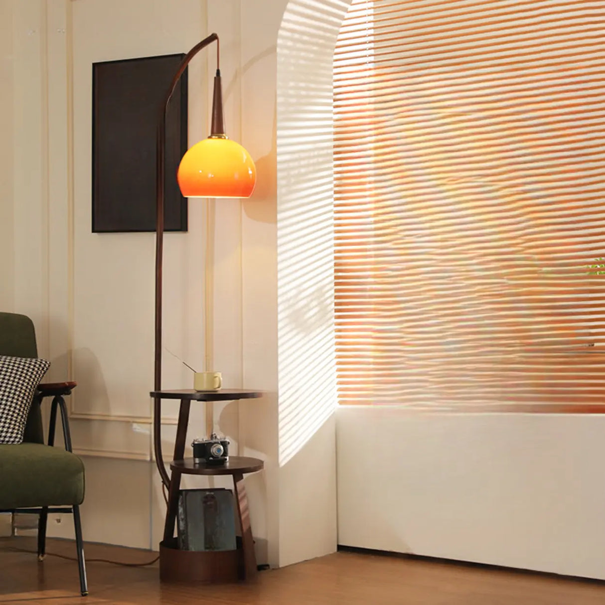 Modern Arc Alloy Floor Lamp with Glass Shade and Shelves Walnut 20 Inch+ Living Room Lighting 1 Bulb Image - 6