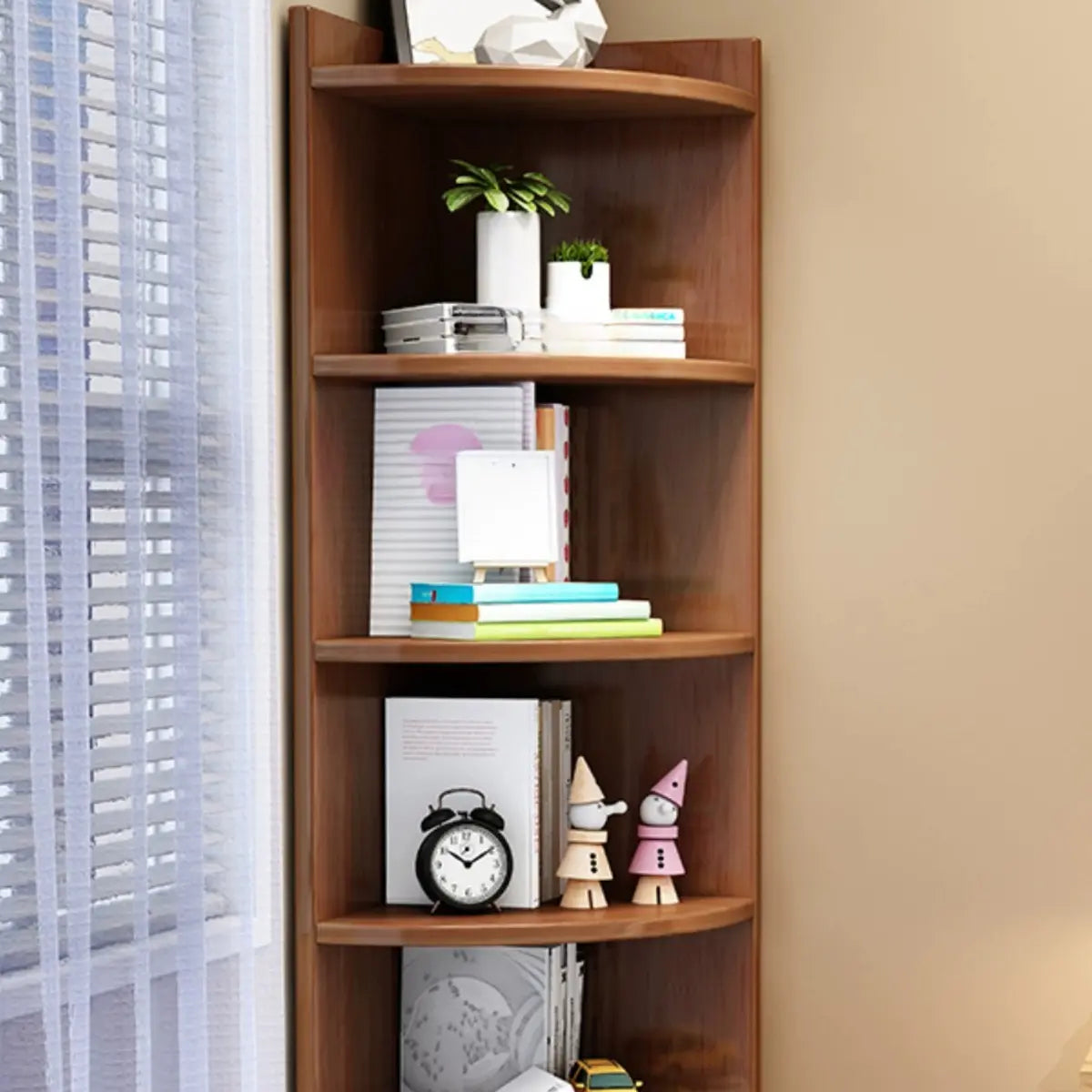 Modern Arc Corner Rubberwood Storage Narrow Bookcase Image - 4