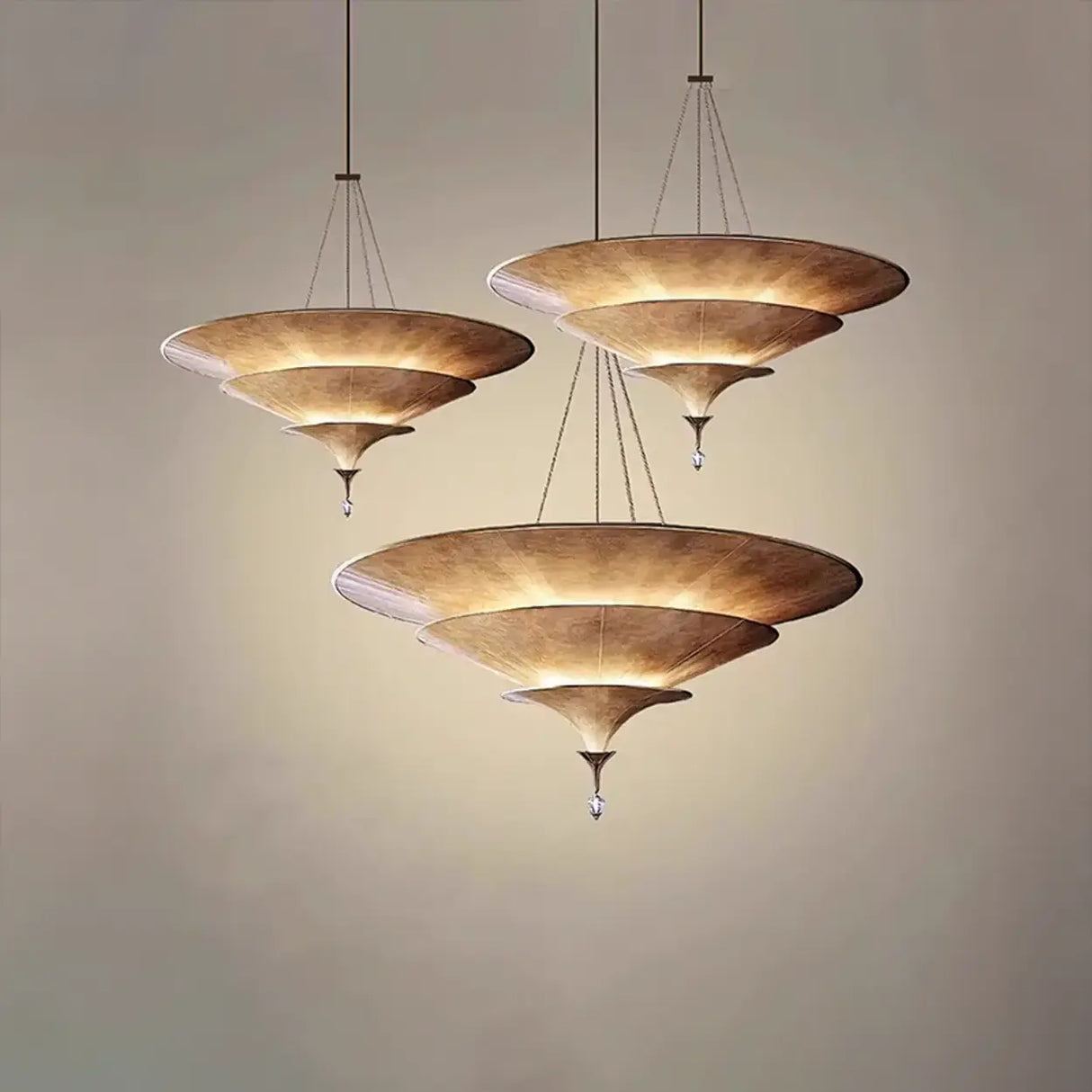 Modern Art Deco Parasol-Style Tiered Parchment Pendant Light Image - 1