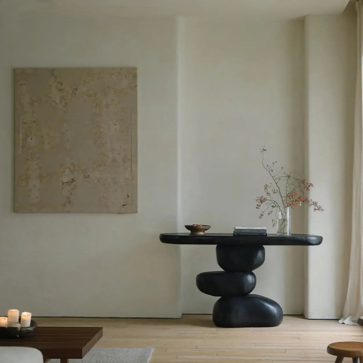 Modern Artistic Black Sculptural Pedestal Wood Console Table Image - 6