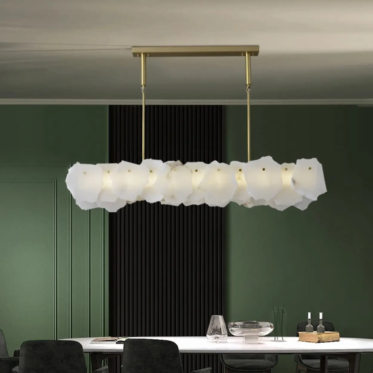 Modern Artistic Brass Alabaster linear Dining Room Island Light Image - 1