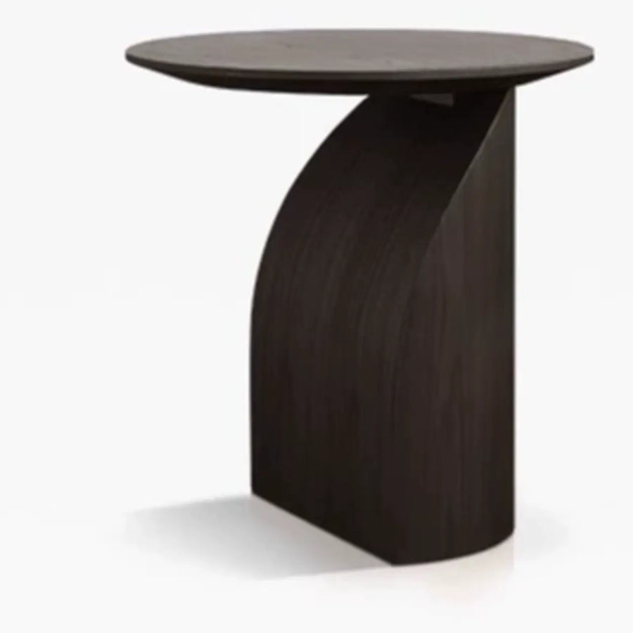 Modern round wood coffee table with a smooth pedestal base