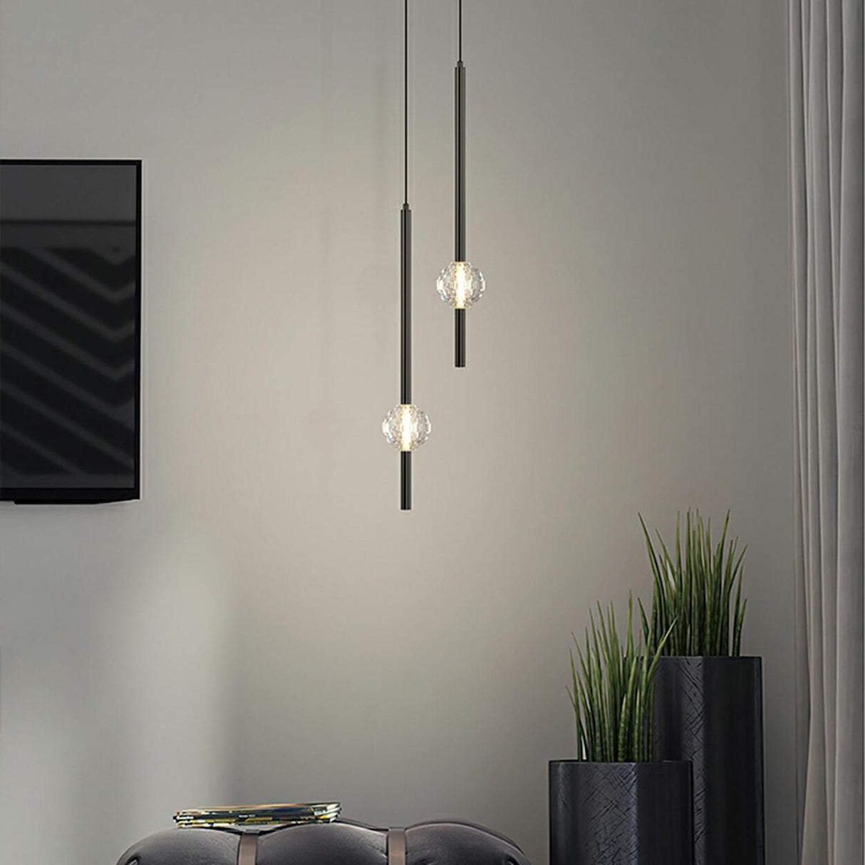 Modern Bedroom Crystal Cube Slim Black Tube Pendant Light Image - 7
