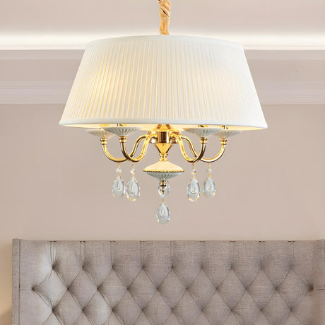 Modern Bedroom Crystal Drops White Fabric Drum Chandelier Image - 1