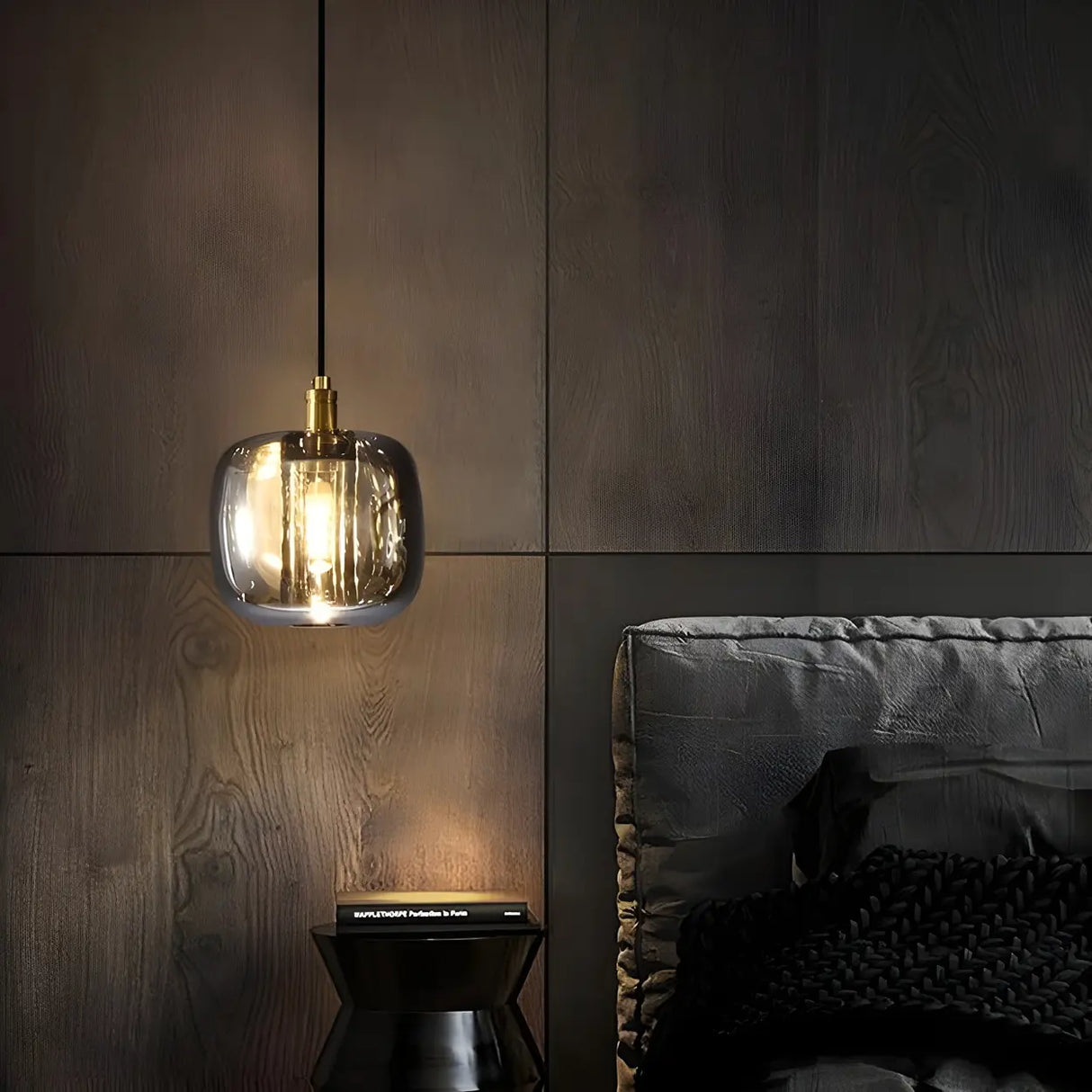 Modern Bedroom Geometric Smoke Gray Crystal Pendant Light Image - 4