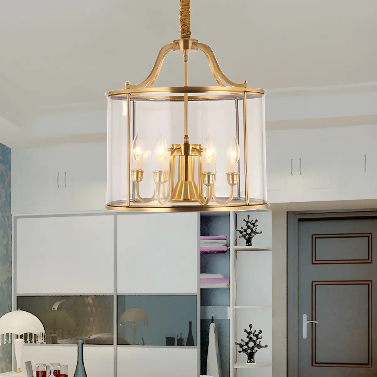 Modern Bedroom Gold Clear Glass Lantern Pendant Chandelier Image - 4