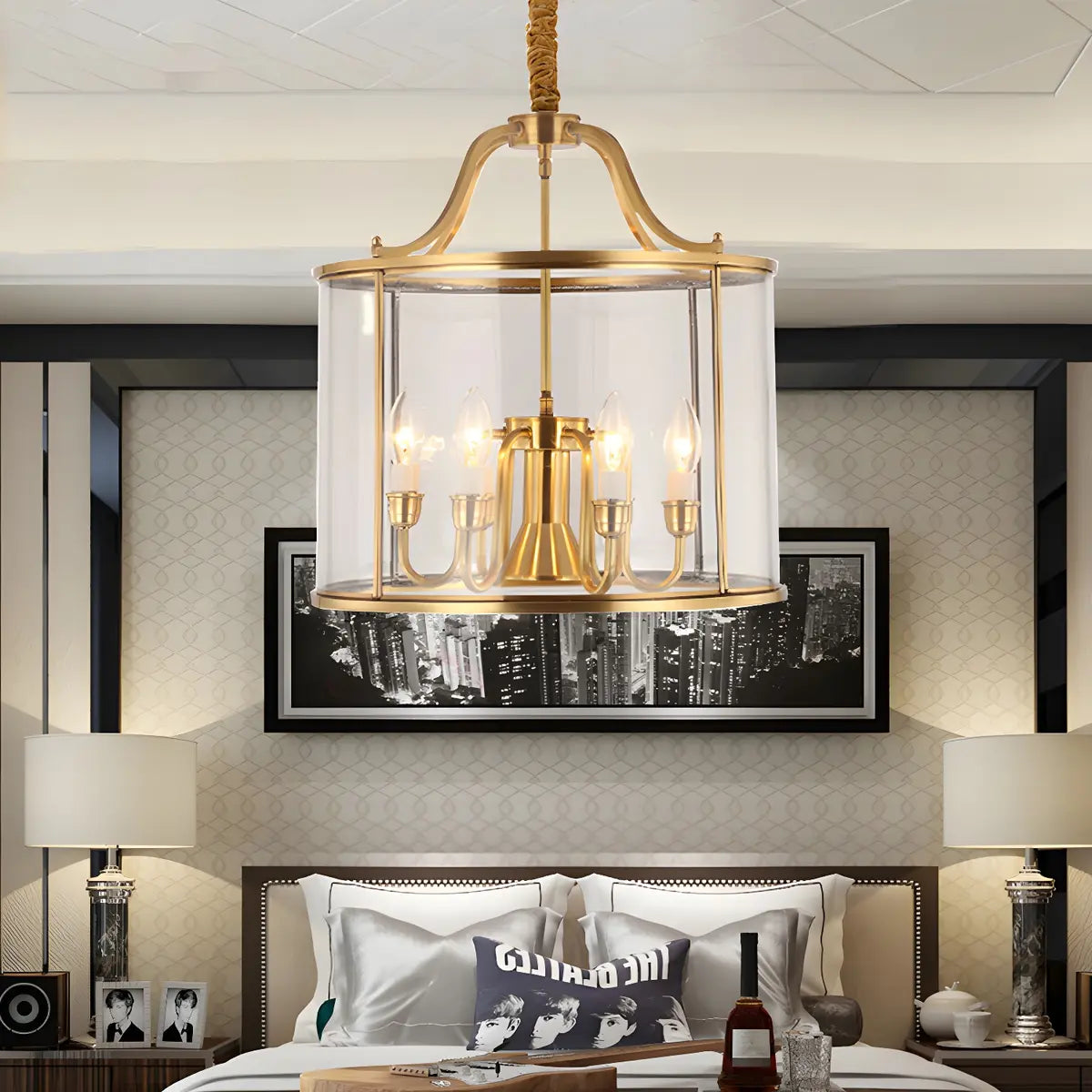 Modern Bedroom Gold Clear Glass Lantern Pendant Chandelier Image - 5