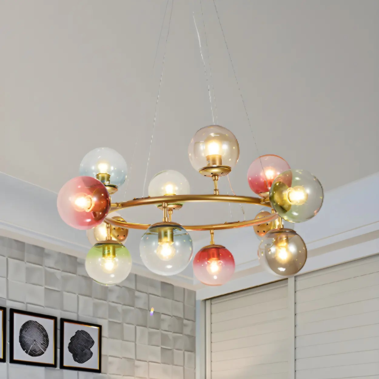 Modern Bedroom Gold Ring Colorful Glass Globe Chandelier Image - 1