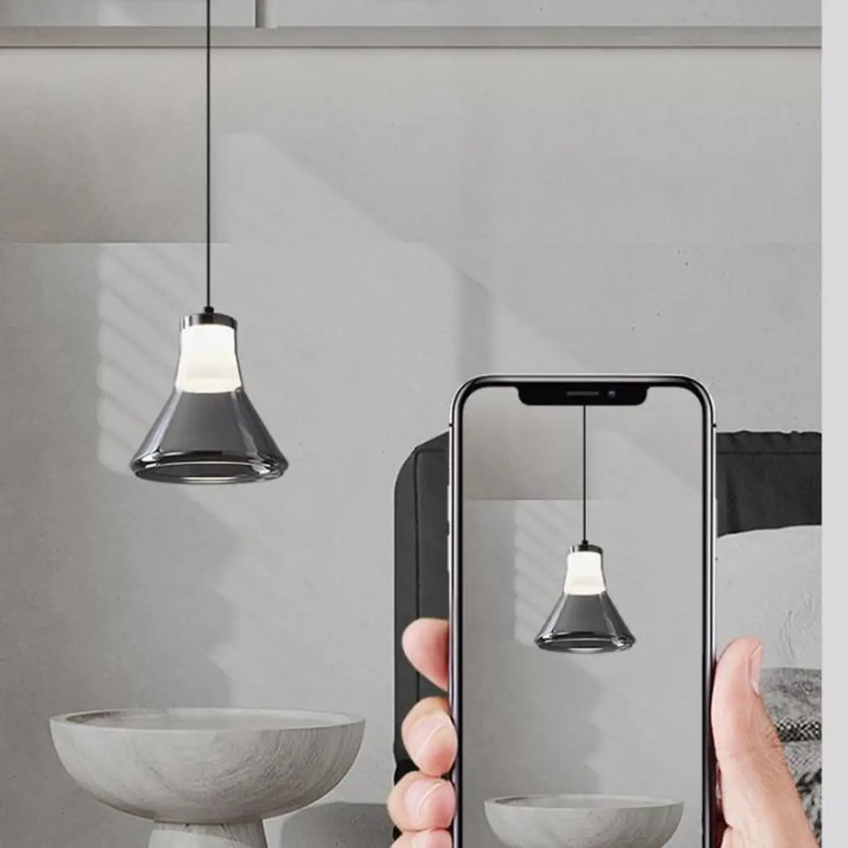Modern Bedroom Smoke Grey Cone Clear Glass Pendant Light Image - 3