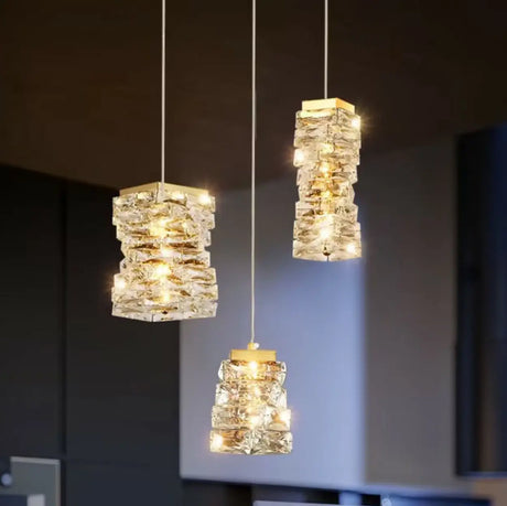 Modern Bedroom Stacked Square Clear Crystal Pendant Light Image - 2