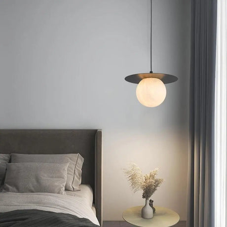 Modern Bedroom White Globe Alabaster Pendant Light Image - 1