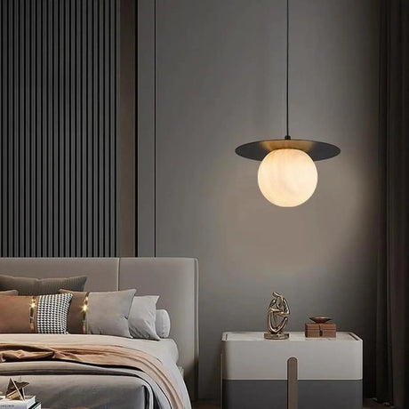 Modern Bedroom White Globe Alabaster Pendant Light Image - 2