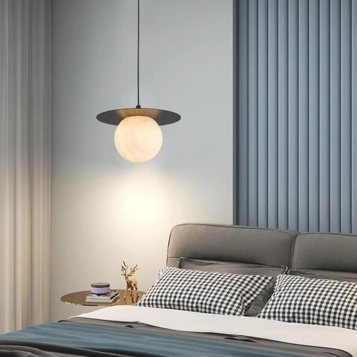 Modern Bedroom White Globe Alabaster Pendant Light Image - 3