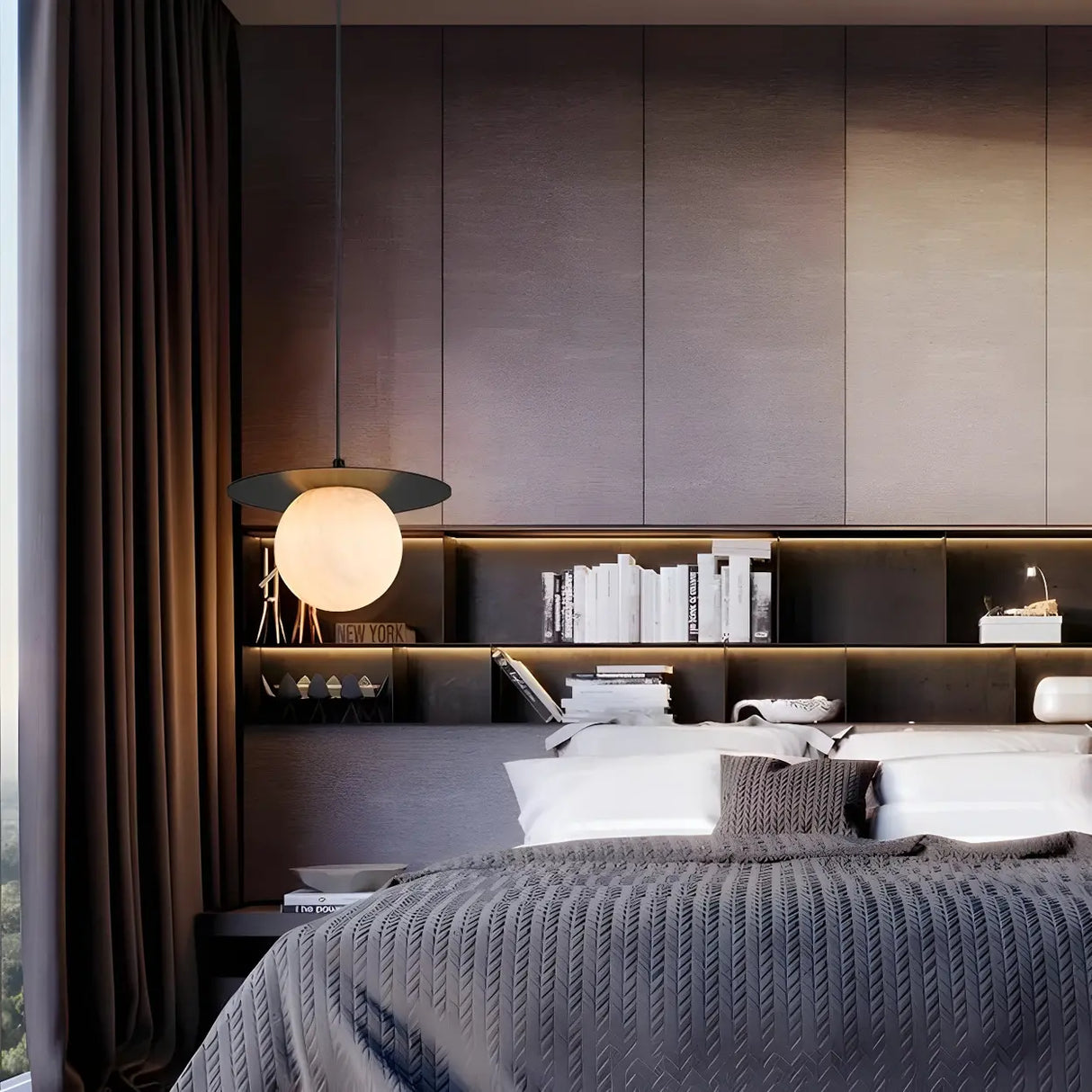 Modern Bedroom White Globe Alabaster Pendant Light Image - 8