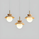 Modern Bedroom Wood Dome White Glass Globe Pendant Light Image - 9