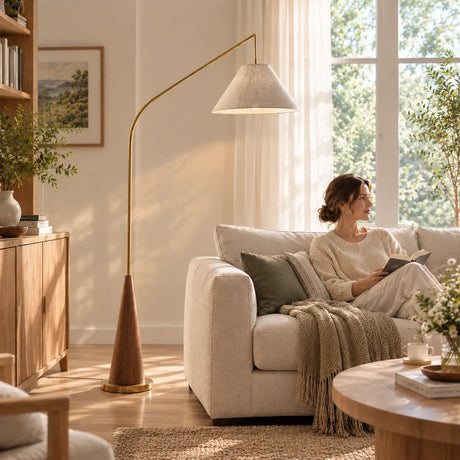 Modern Beige Cone Fabric Gibson Arc LED Floor Lamp