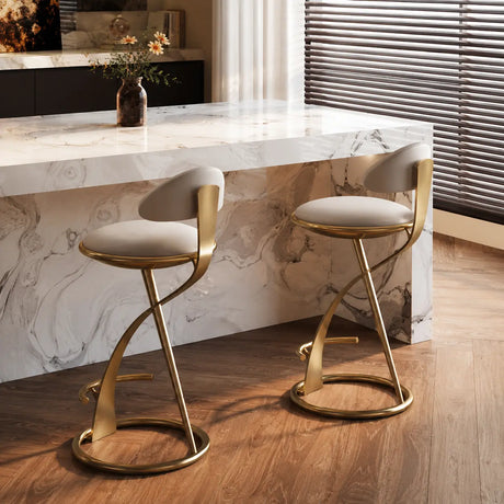 Modern Beige Upholstered Sculpted Metal Curved Back Bar Stool Image - 1