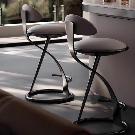 Modern Beige Upholstered Sculpted Metal Curved Back Bar Stool Image - 3