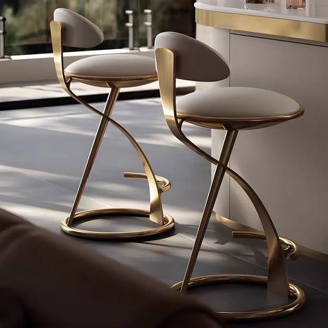 Modern Beige Upholstered Sculpted Metal Curved Back Bar Stool Image - 4