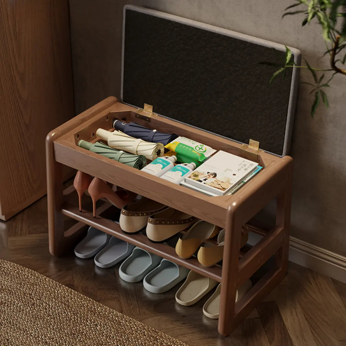 Modern Bench Wood Entryway Brown  2-Tier Shoe Storage Image - 3