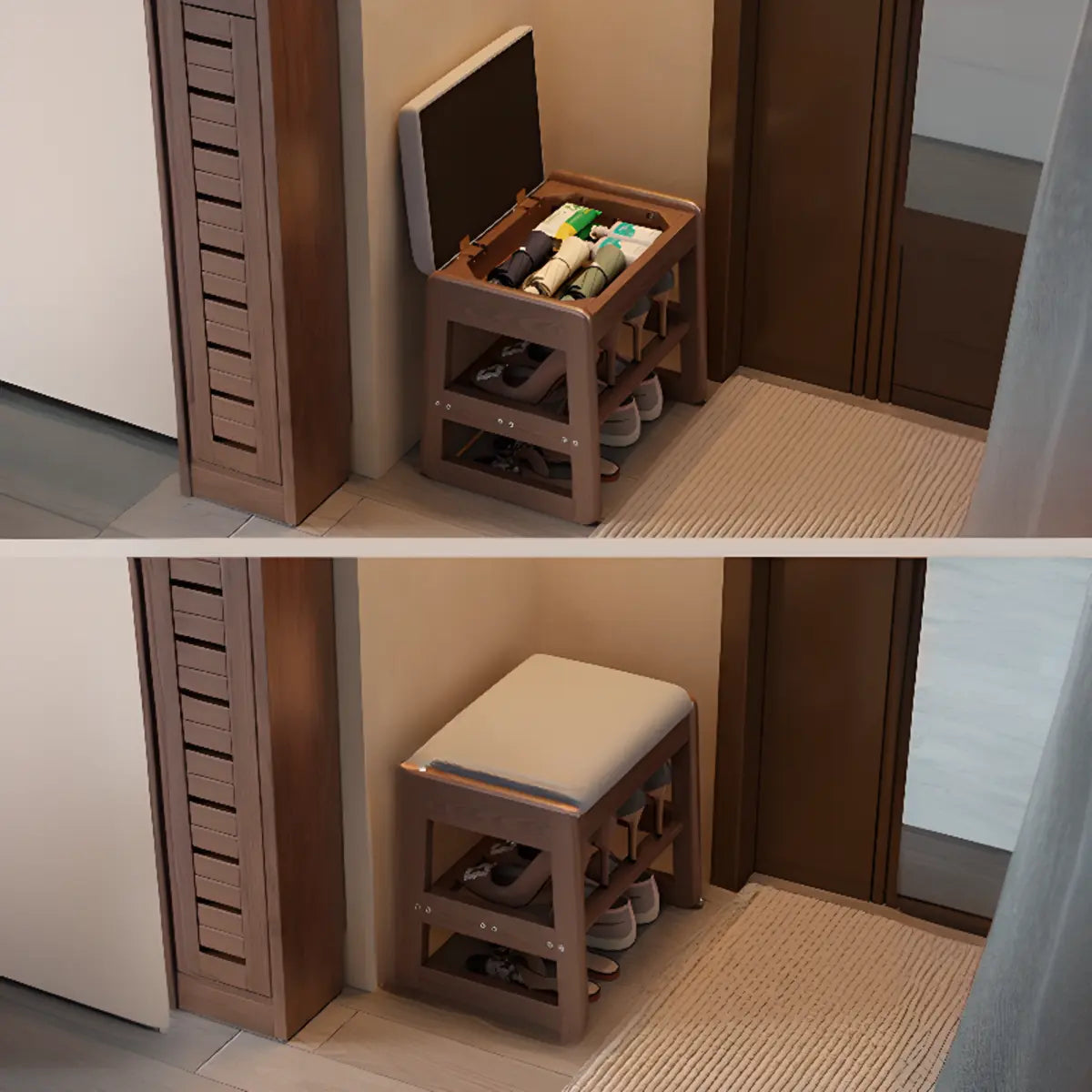 Modern Bench Wood Entryway Brown  2-Tier Shoe Storage Image - 4