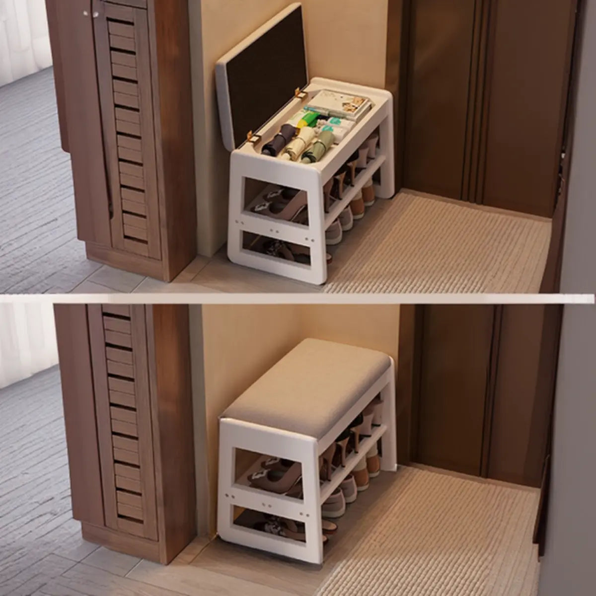 Modern Bench Wood Entryway Brown  2-Tier Shoe Storage Image - 7