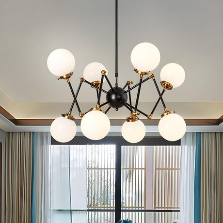 Modern Black and Brass Glass Globe Radial Chandelier Image - 2