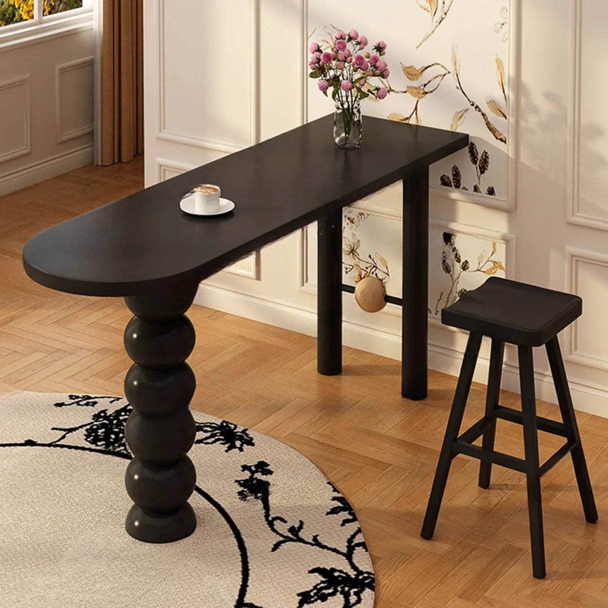 Modern Black Bar Table Set with Artistic Sculpted Base Image - 4