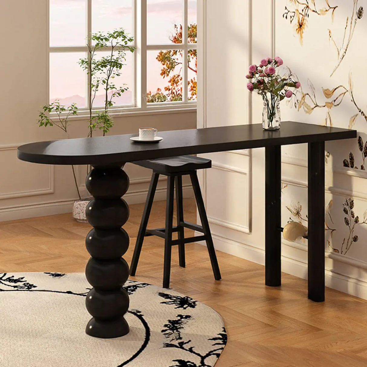 Modern Black Bar Table Set with Artistic Sculpted Base Image - 5