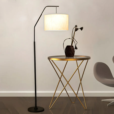 Modern Black Barrel and Arc Metal LED Floor Lamp Image - 2