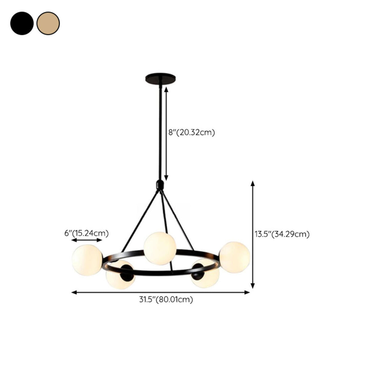 Modern Black Circular 6 Lights White Globe Chandelier 