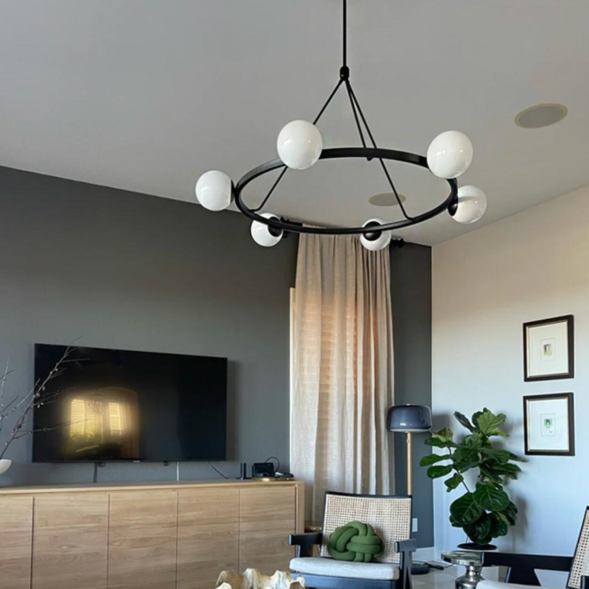Modern Black Circular 6 Lights White Globe Chandelier Image - 4