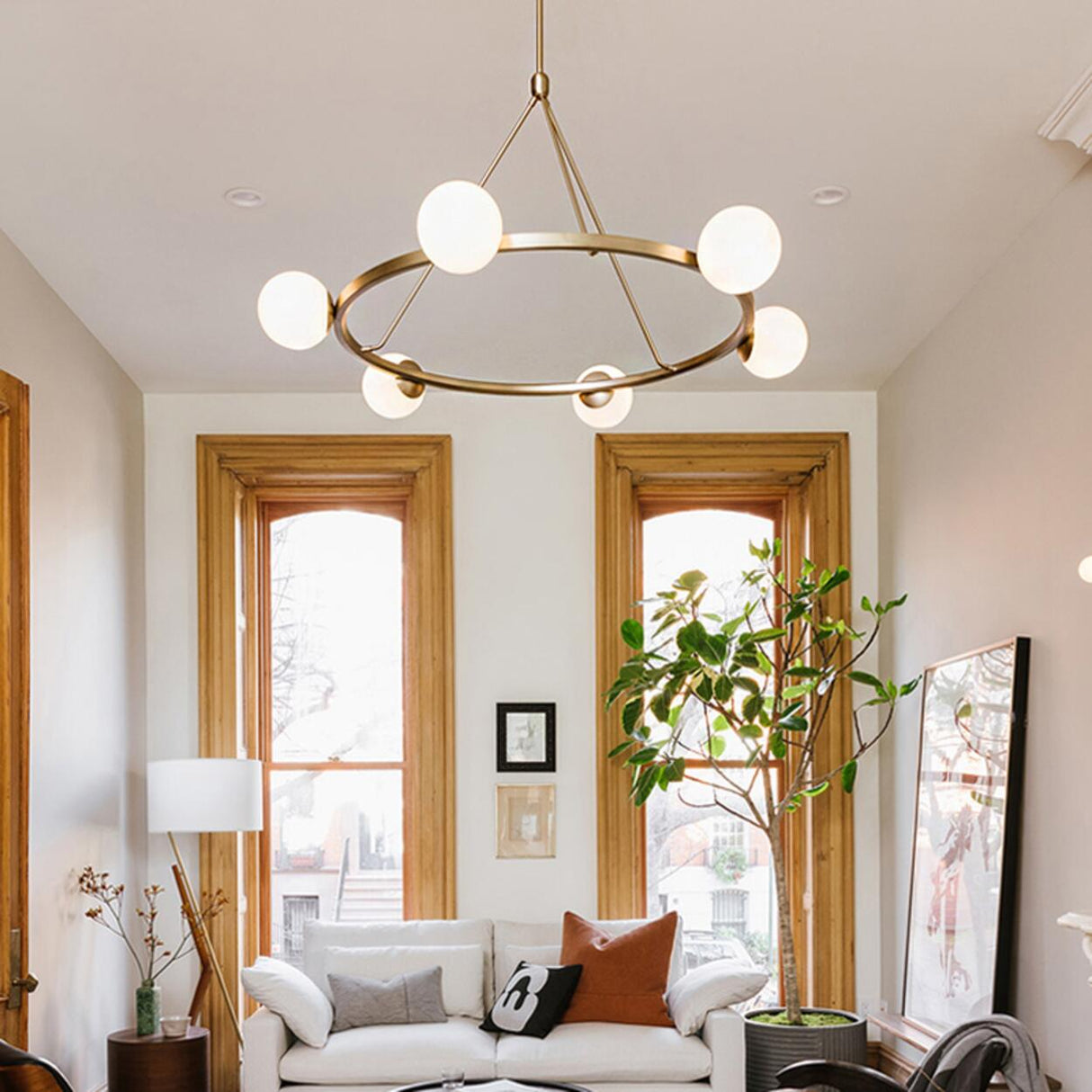 Modern Black Circular 6 Lights White Globe Chandelier Image - 6