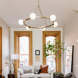 Modern Black Circular 6 Lights White Globe Chandelier Image - 6