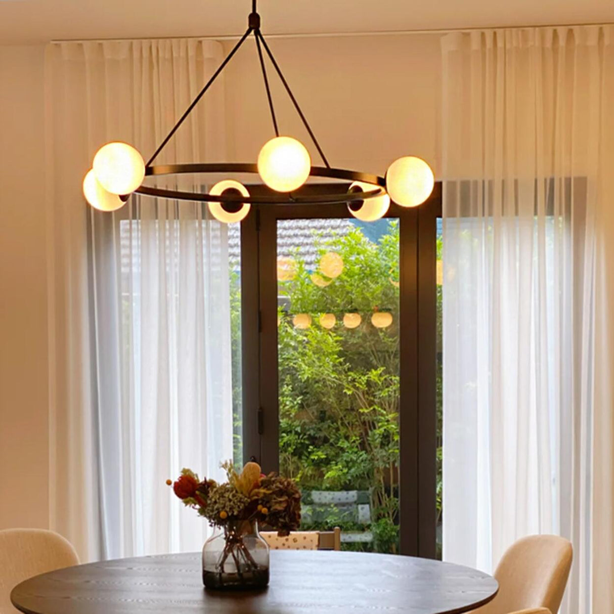 Modern Black Circular 6 Lights White Globe Chandelier Image - 8