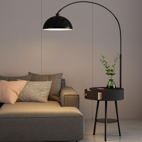 Modern Black Dome Arc Floor Lamp with Side Table Image - 2