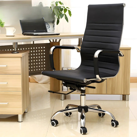 Modern Black Ergonomic Leather Office Chair with Wheels Image - 1
