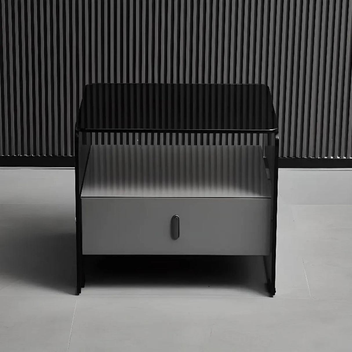 Modern Black Glass Nightstand with Drawer Storage Image - 1