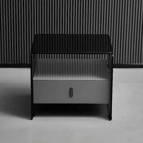 Modern Black Glass Nightstand with Drawer Storage Image - 1