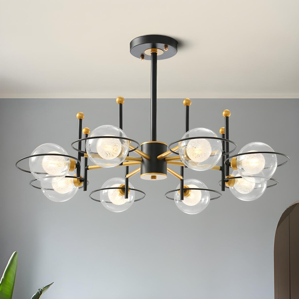 Modern Black Gold 8-Light Ring Clear Glass Globe Chandelier Image - 1