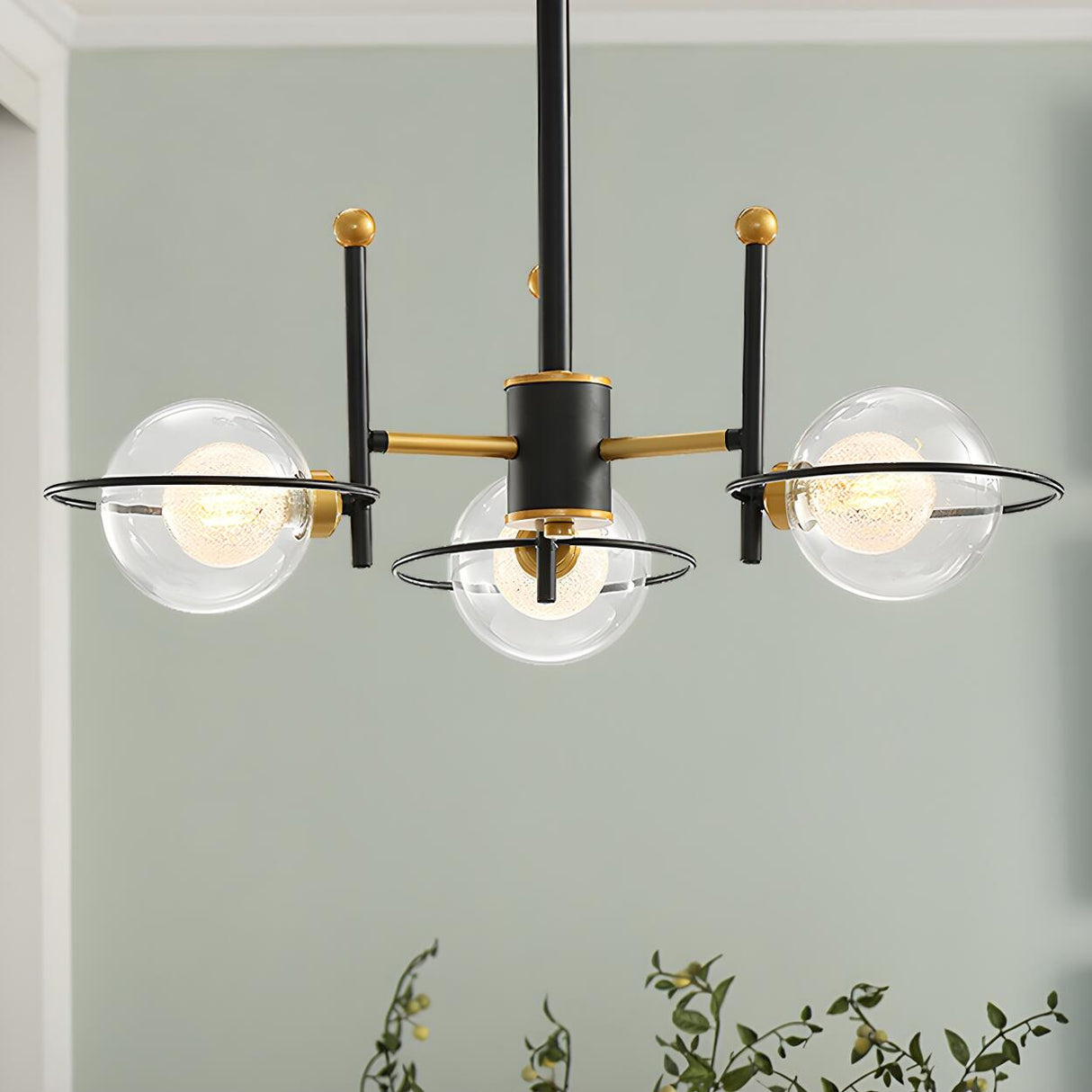 Modern Black Gold 8-Light Ring Clear Glass Globe Chandelier Image - 8