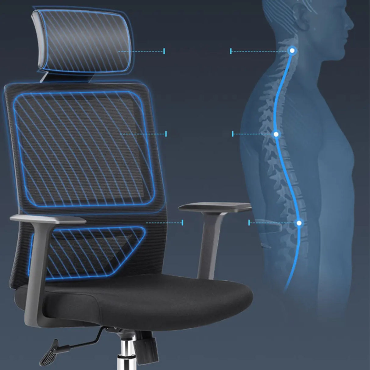 Modern Black High-Back Mesh Office Chair with Headrest Image - 11