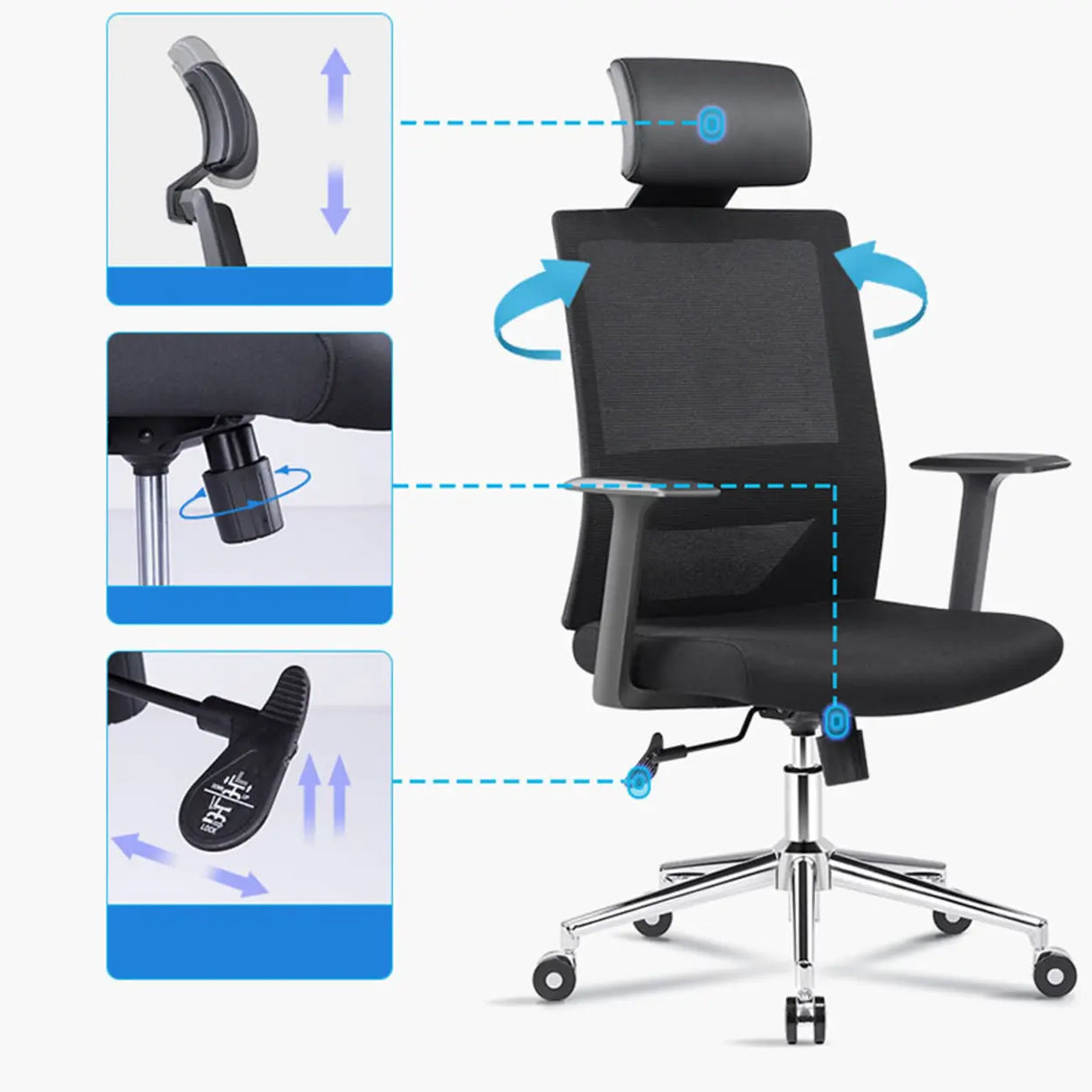 Modern Black High-Back Mesh Office Chair with Headrest Image - 13