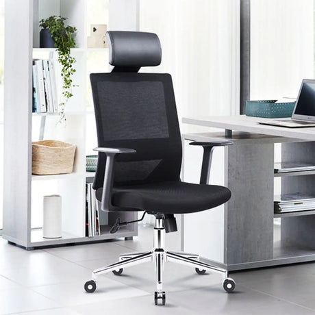 Modern Black High-Back Mesh Office Chair with Headrest Image - 2