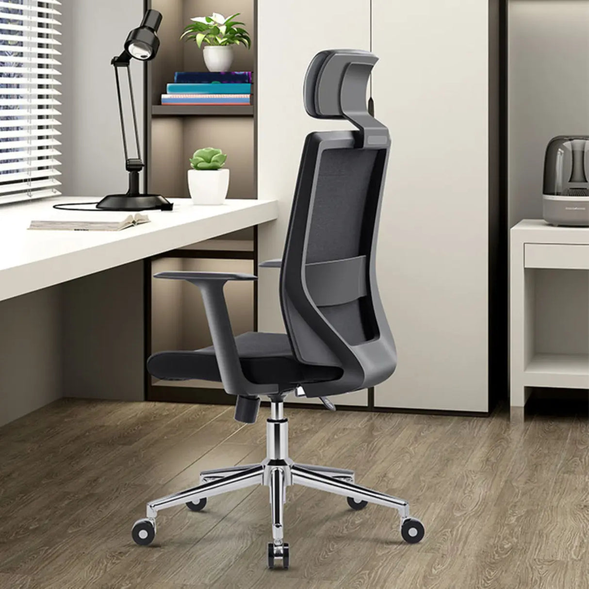 Modern Black High-Back Mesh Office Chair with Headrest Image - 6