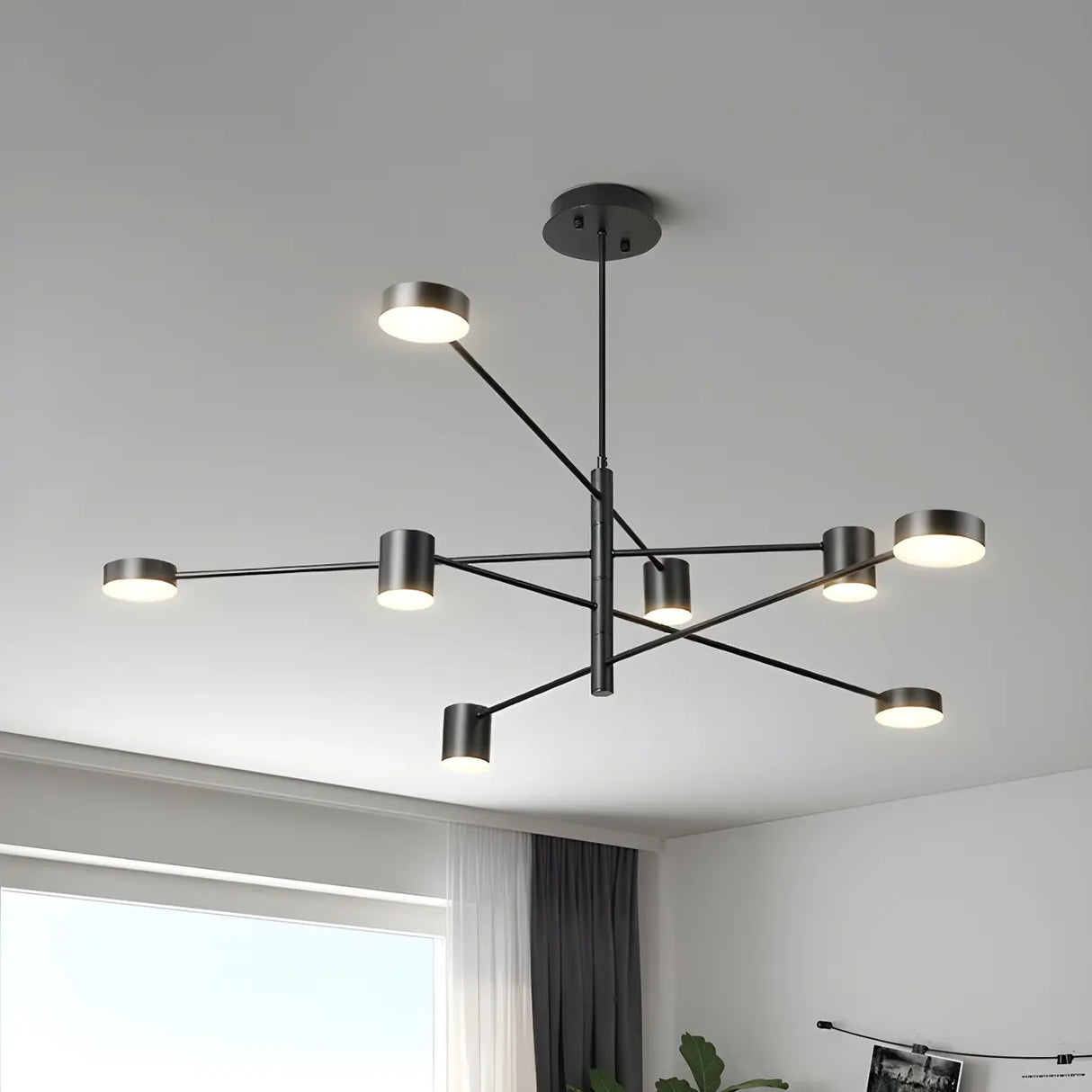 Modern Black Living Room Sputnik Linear Tiered Chandelier Image - 6