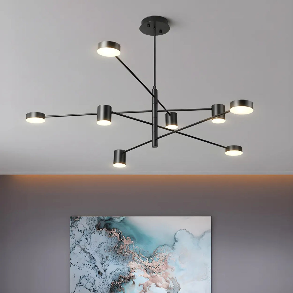 Modern Black Living Room Sputnik Linear Tiered Chandelier Image - 8