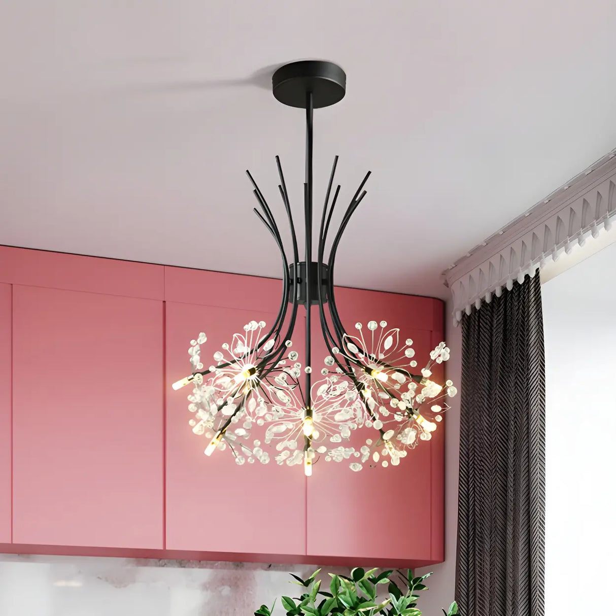 Modern Black Metal Clear Crystal Flower Bouquet Chandelier Image - 3